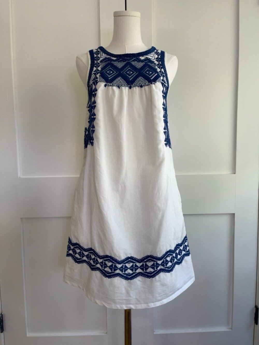 Madewell Linen Blend Embroidered Shift Dress White Blue XS